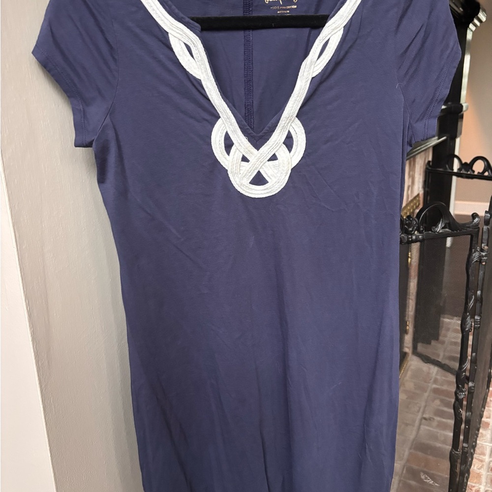 Lilly Pulitzer Navy Short-Sleeve Tunic with White Braided V-Neck